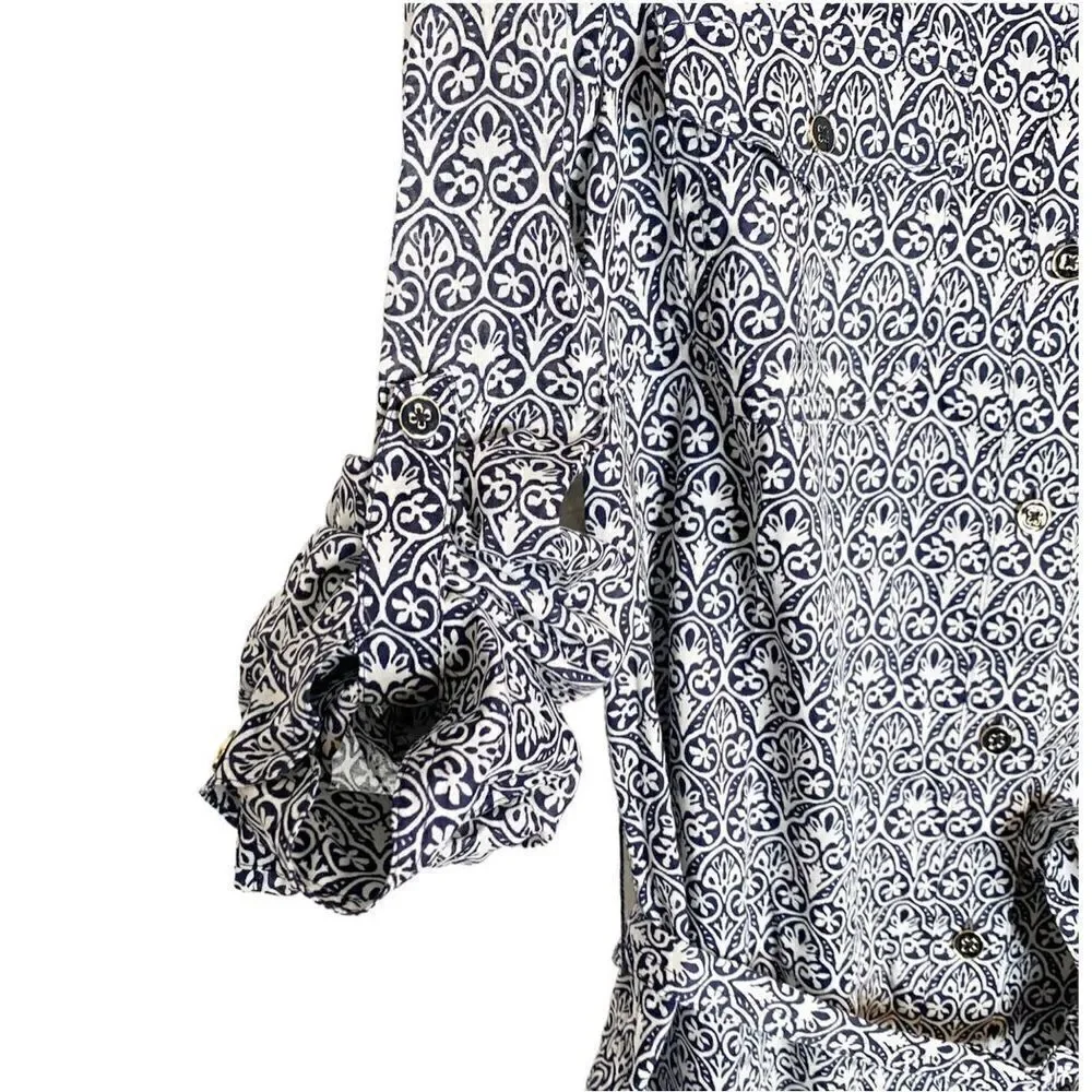 Tory Burch Blue Tile Printed White Button Up Belted Long Sleeve Work Dress Siz 8